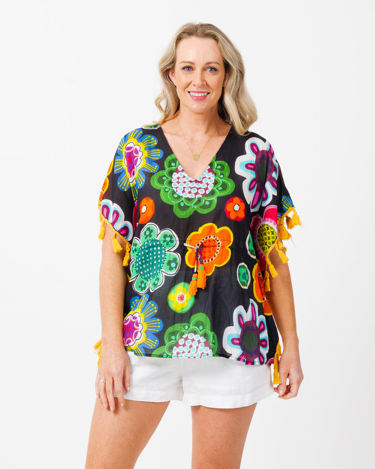 Chilli Tassel Top in Black Deco Floral