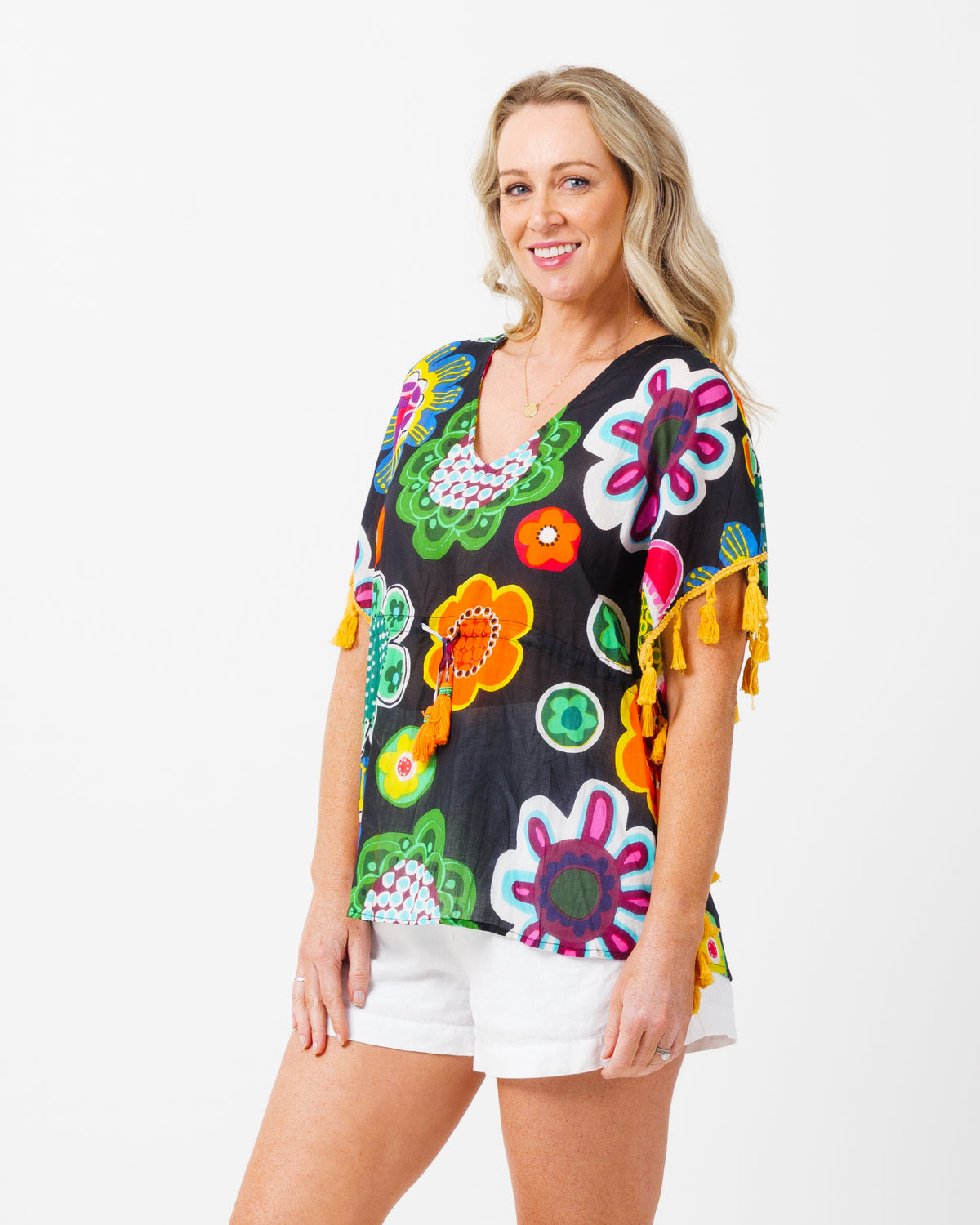 Chilli Tassel Top in Black Deco Floral