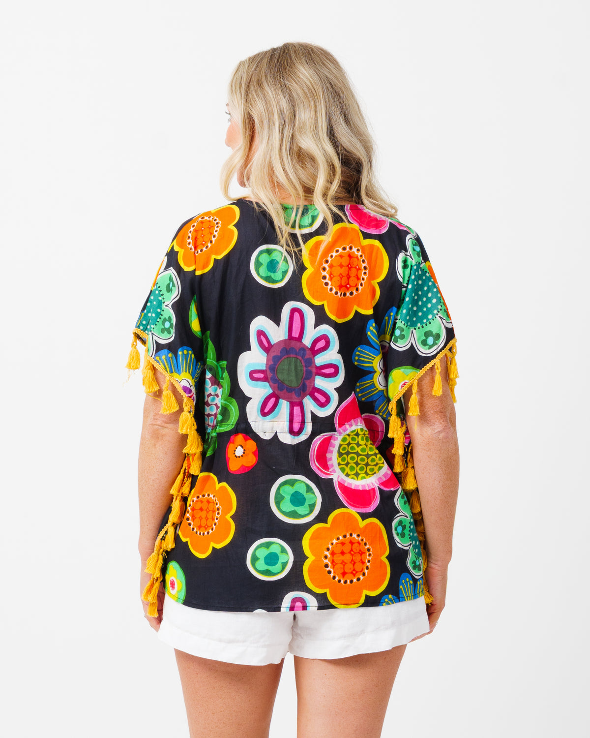 Chilli Tassel Top in Black Deco Floral