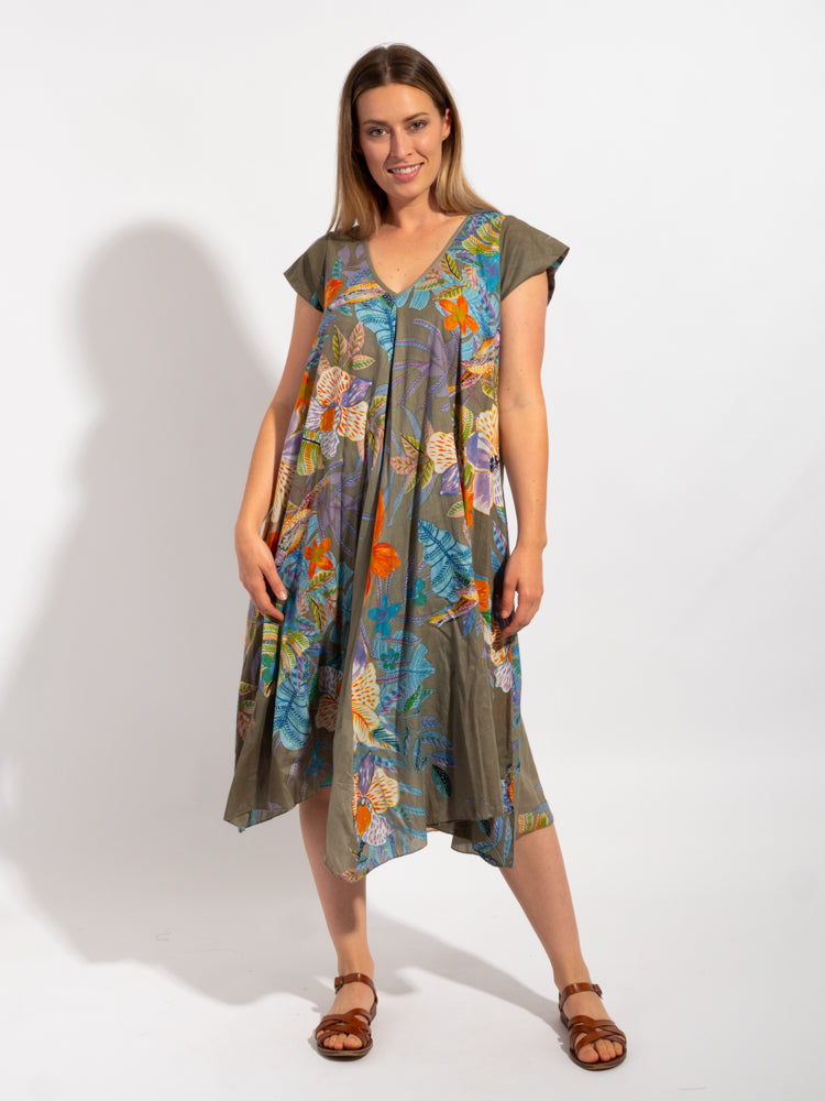 Maheno Dress in Khaki Birds