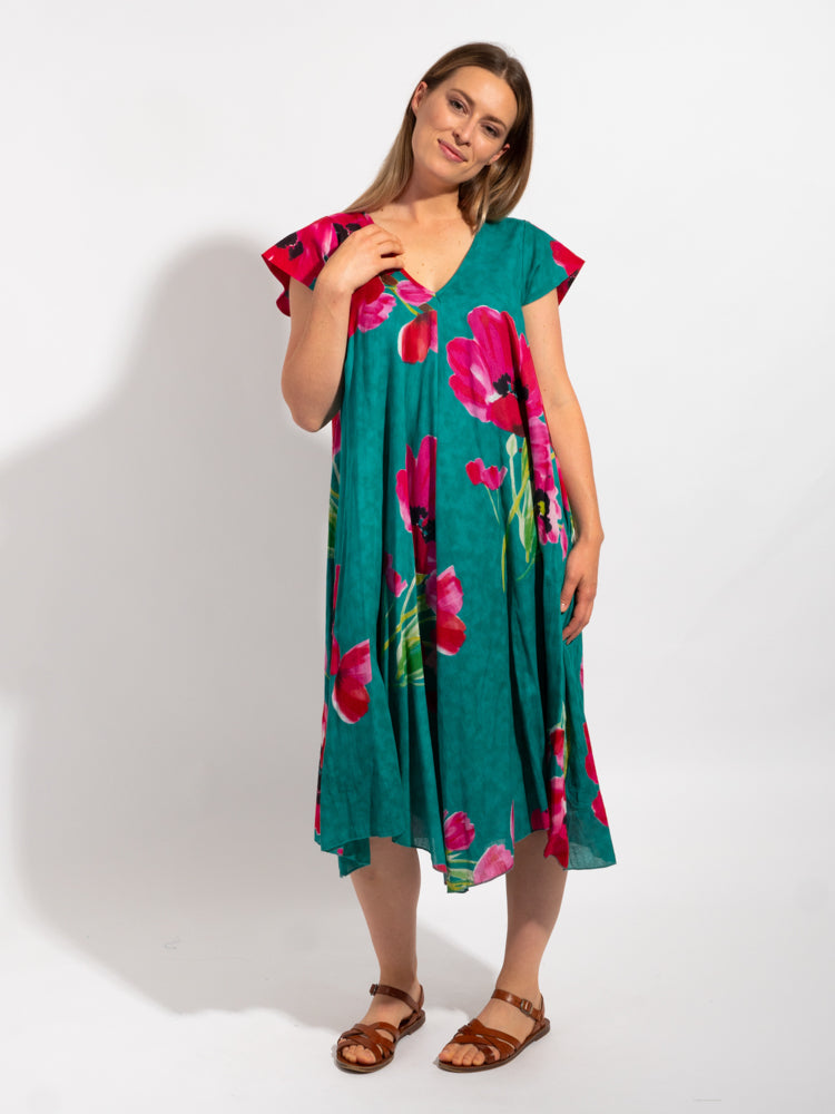 Maheno Dress in Teal Poppies