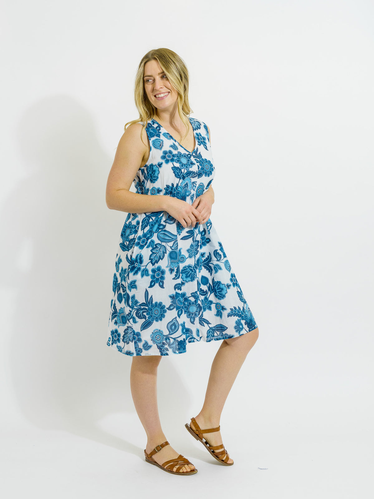 Coolum Dress in Blue on White Floral
