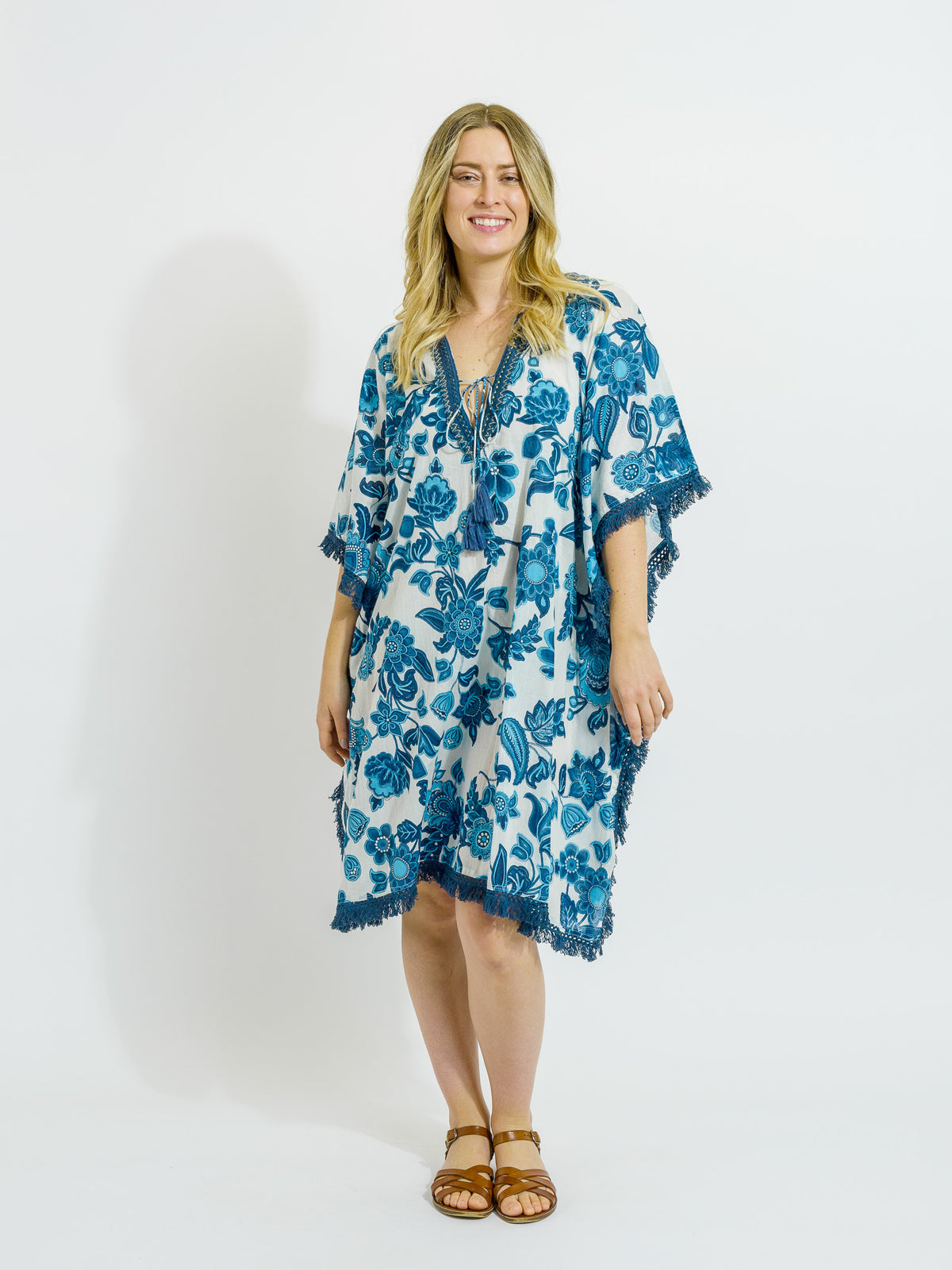 Bedarra Kaftan in Blue on White Floral