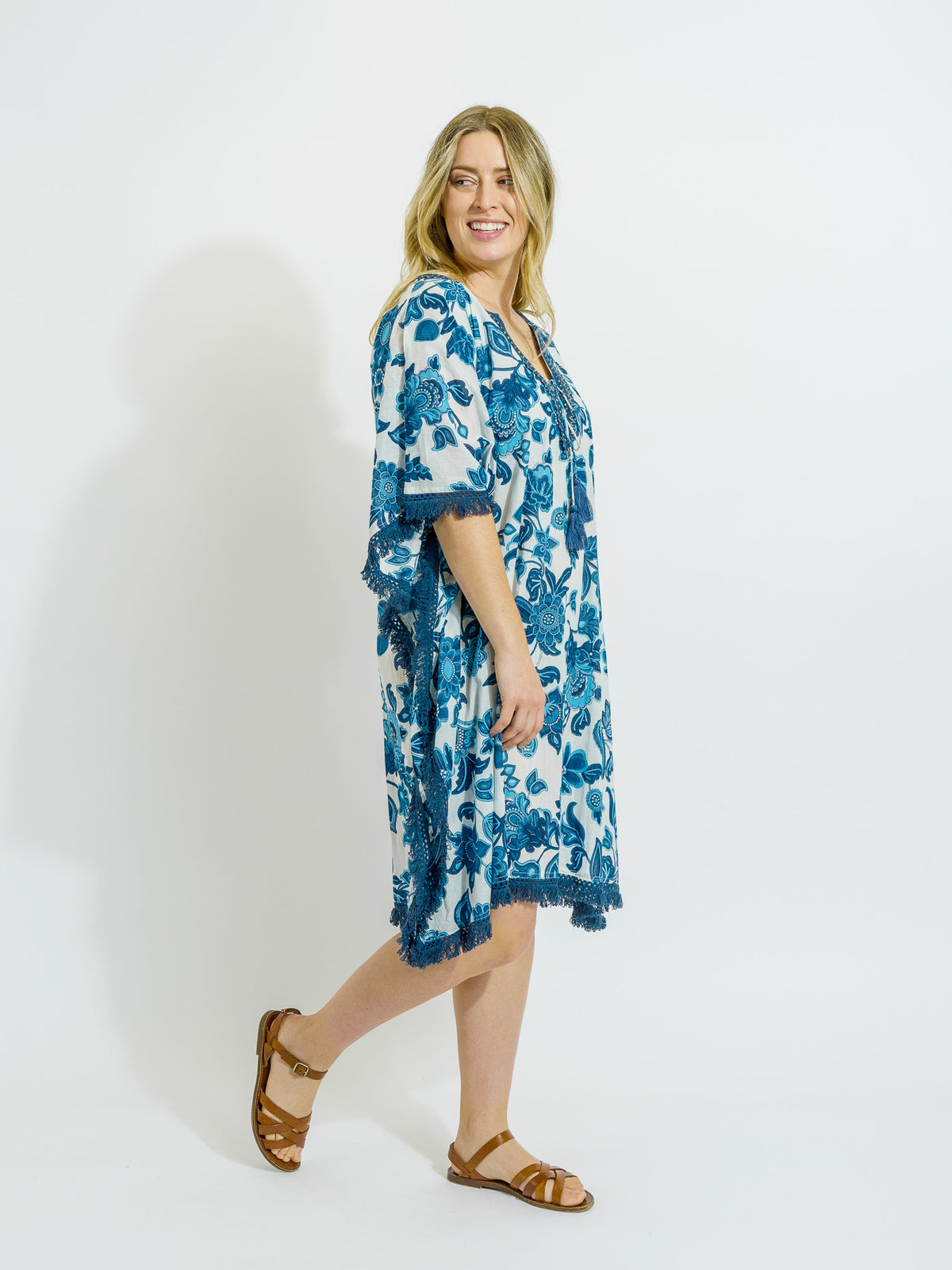 Bedarra Kaftan in Blue on White Floral