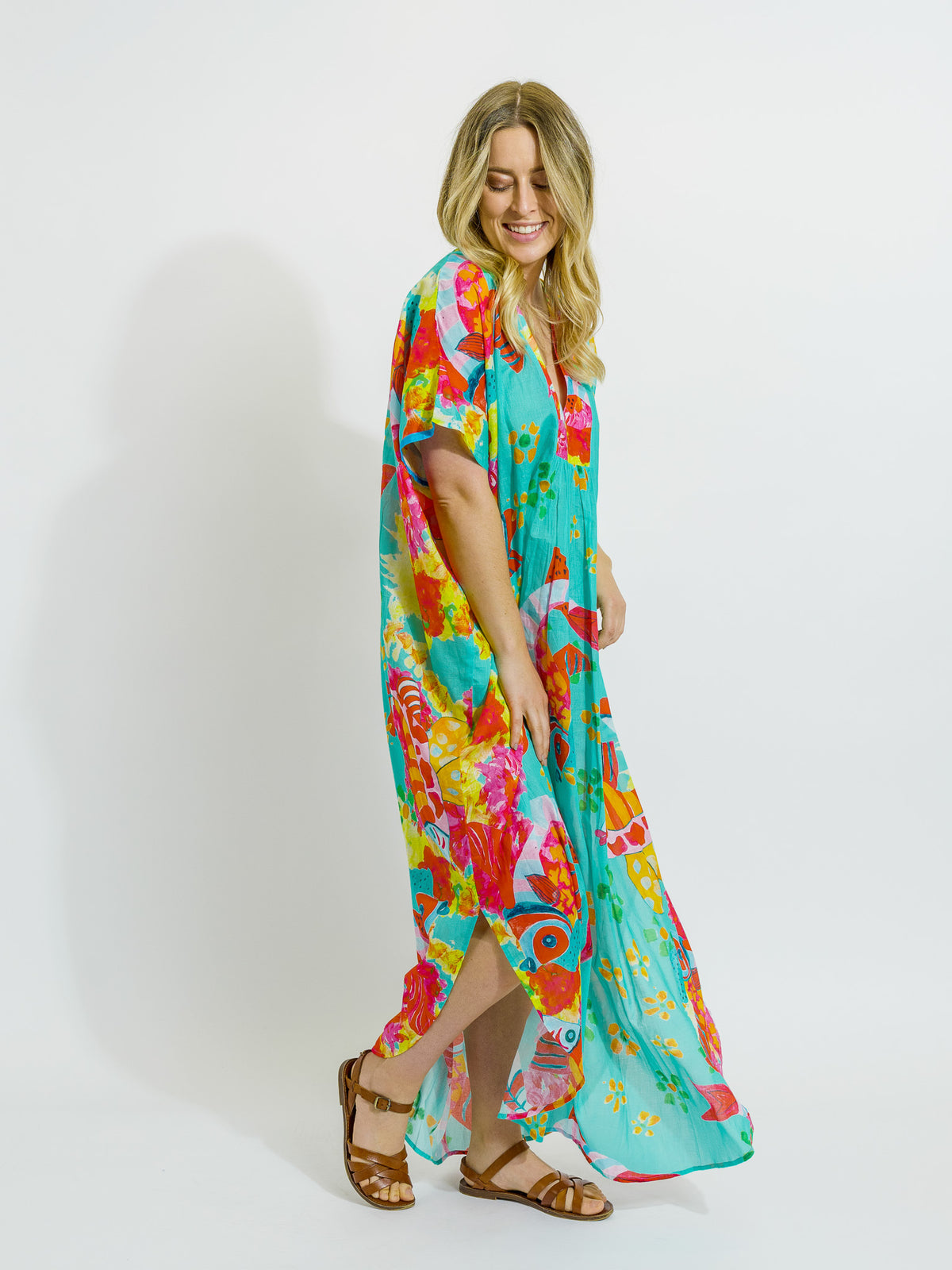 Tiwi Kaftan in Teal Fish