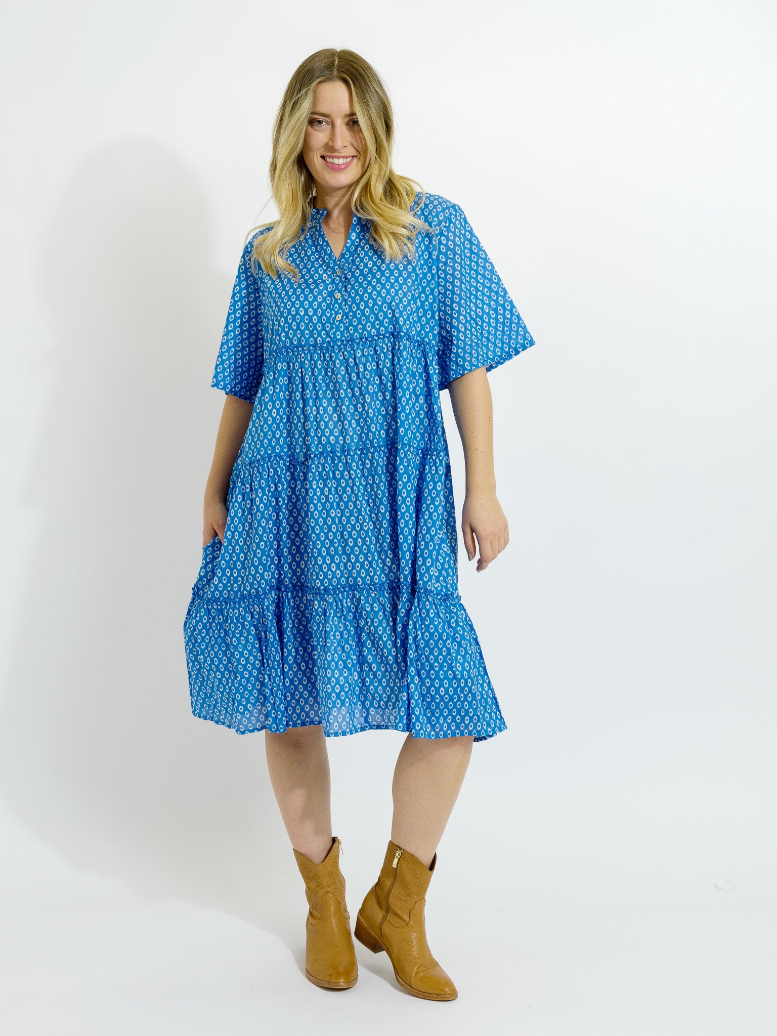 A model wearing a knee-length blue and white dotted dress with a V-neck and half sleeves, paired with brown boots.