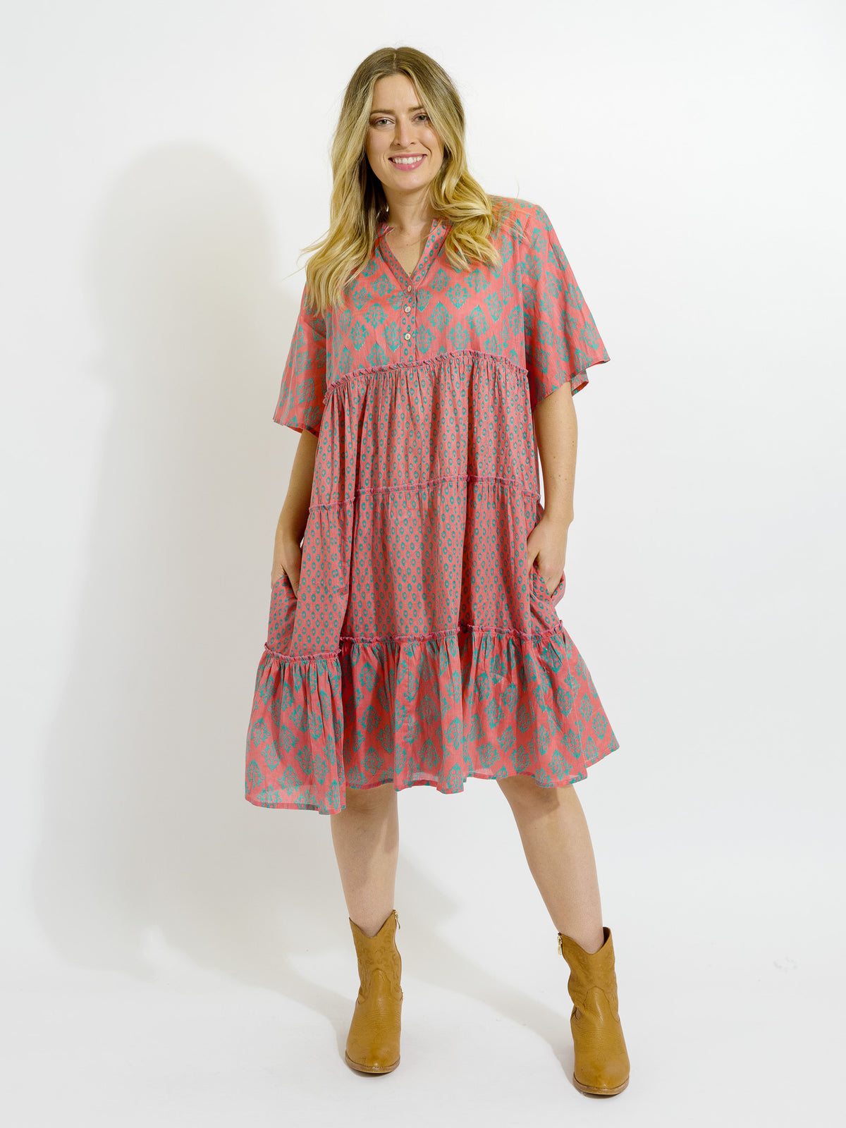 Castaway Dress in Green Diamonds on Pink