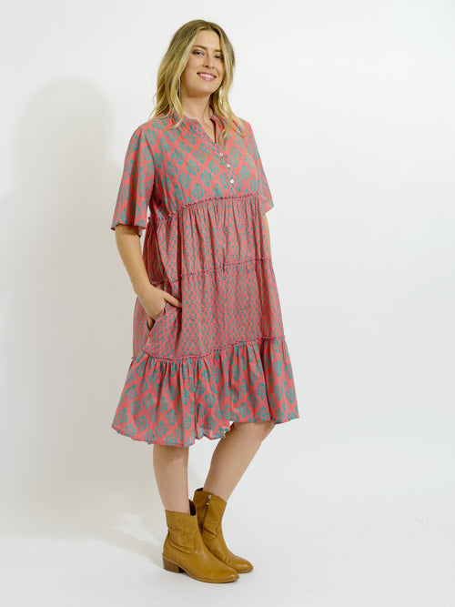 Castaway Dress in Green Diamonds on Pink