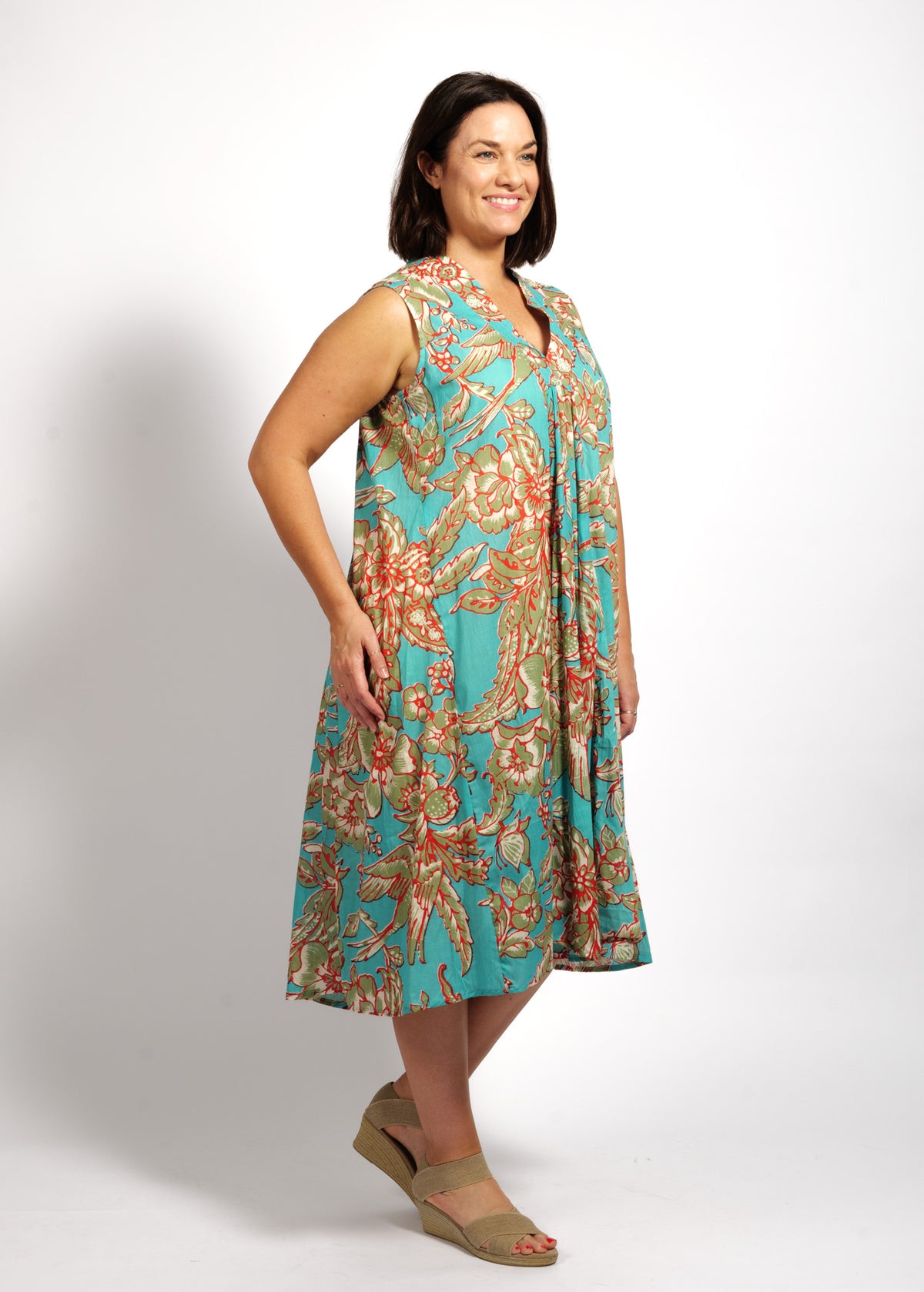 Claudia Dress in Turquoise Red Garden