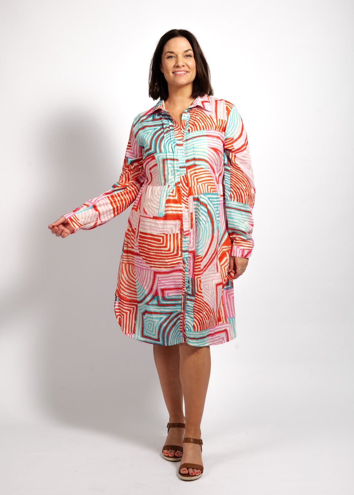 Maya Dress in Aqua Pink Lines
