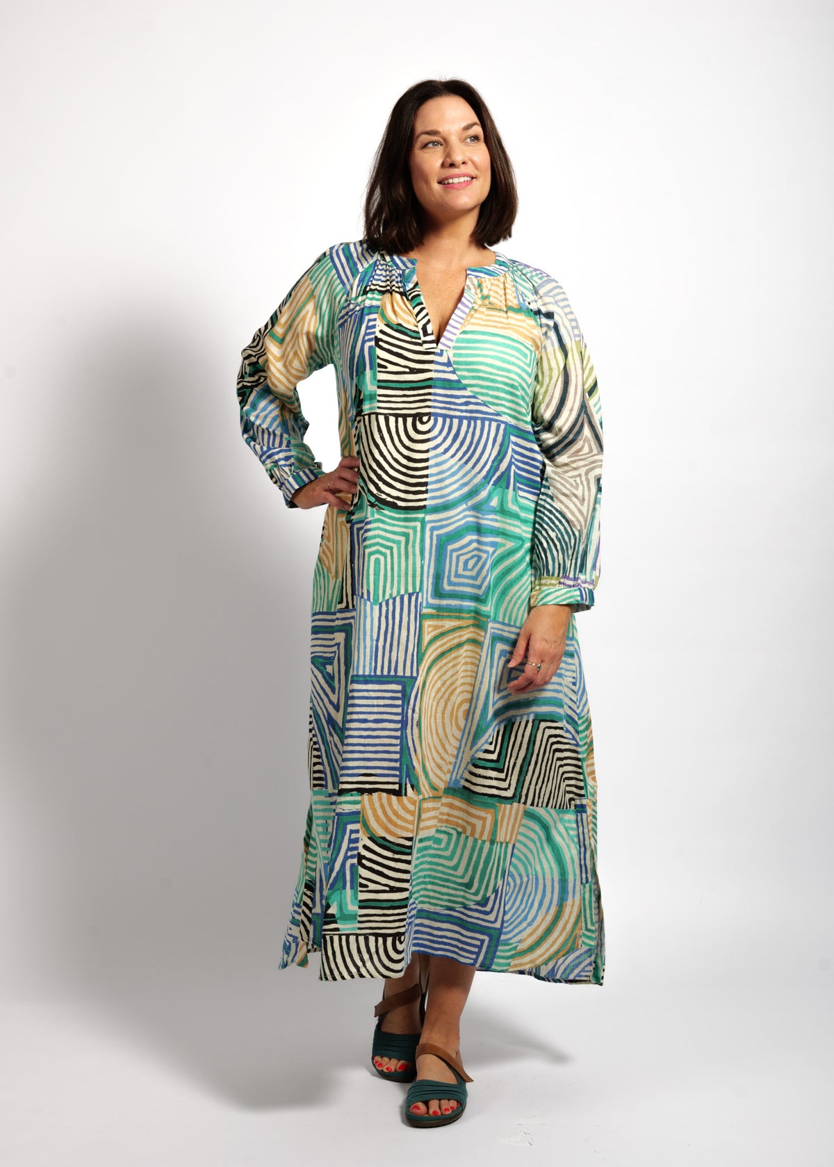 Layla Dress in Lime Mauve Lines