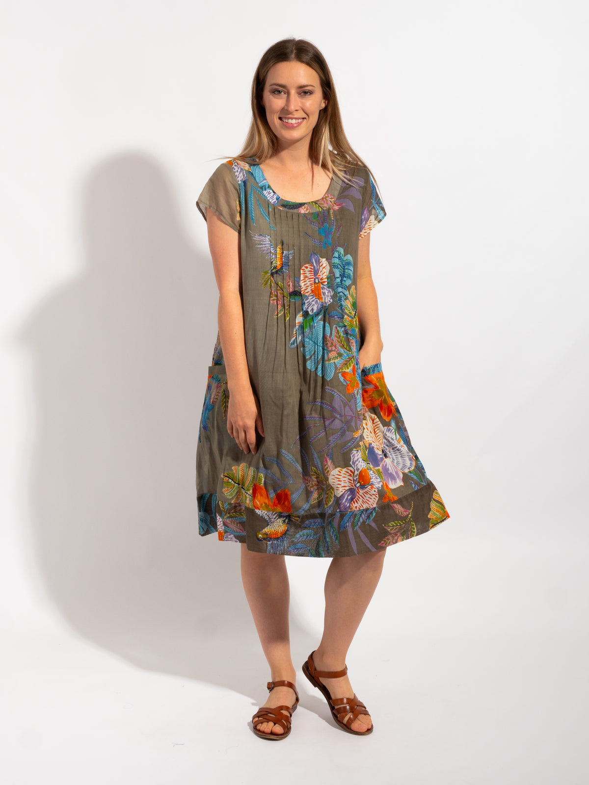 Marcoola dress in Khaki Birds