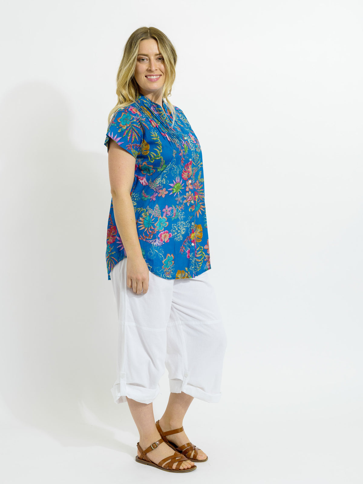 Magnetic Cap Sleeve Shirt in Royal Blue Floral