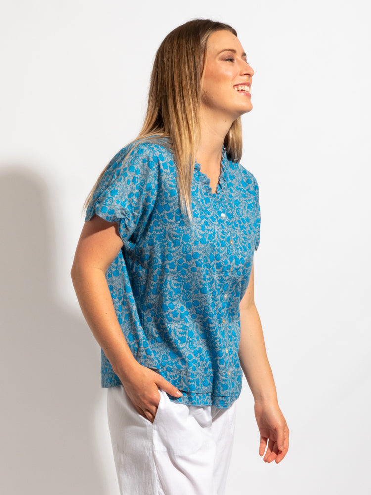 Capricorn Cotton Shirt in Blue on Grey Print