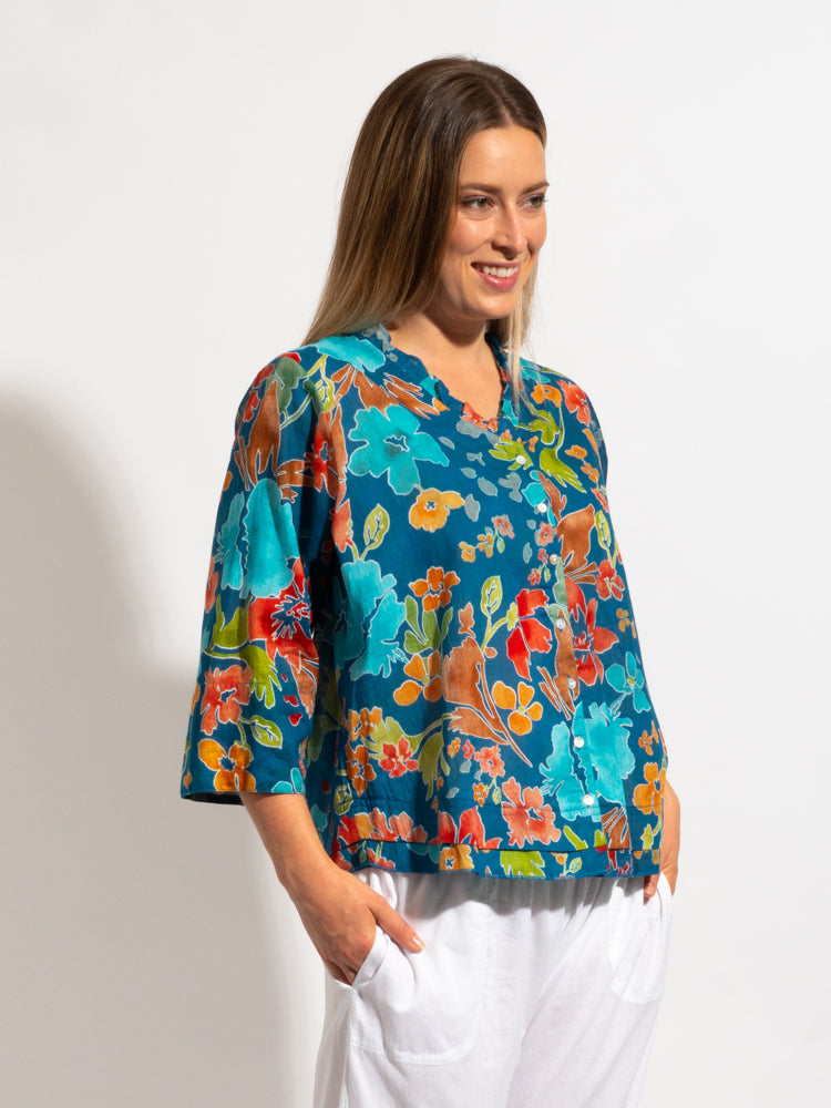 Capricorn Cotton Shirt in Blue Floral