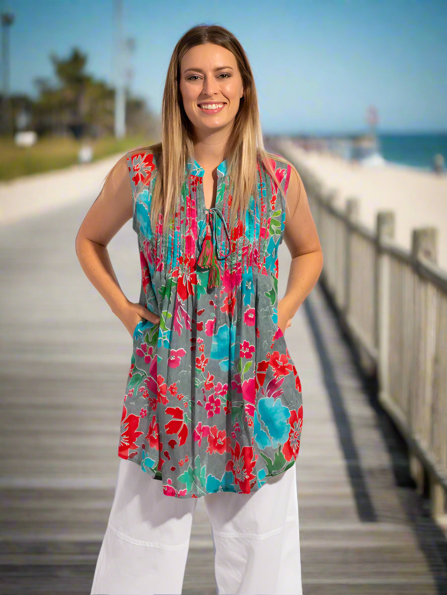 Casuarina Embroidered Top in Grey Red Floral