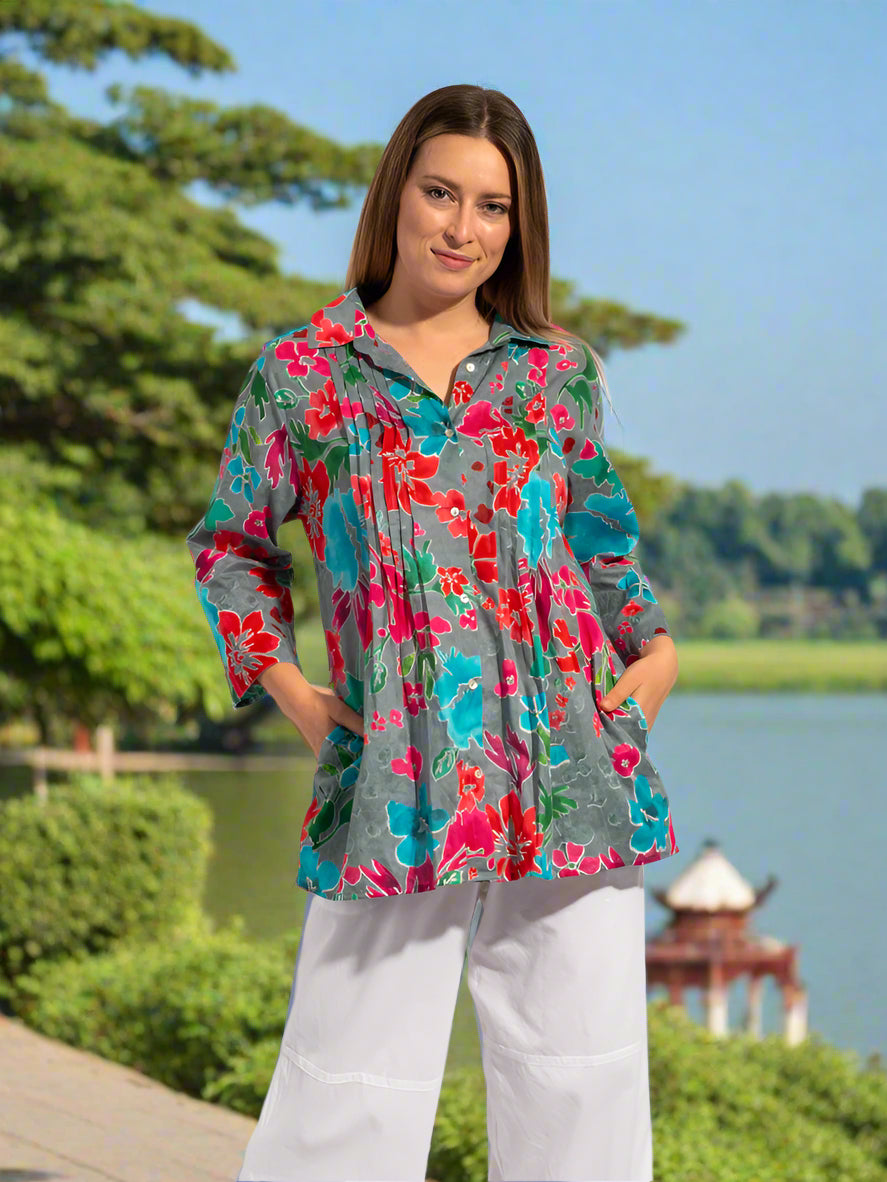 Maroochy Collared Shirt in Grey Red Floral