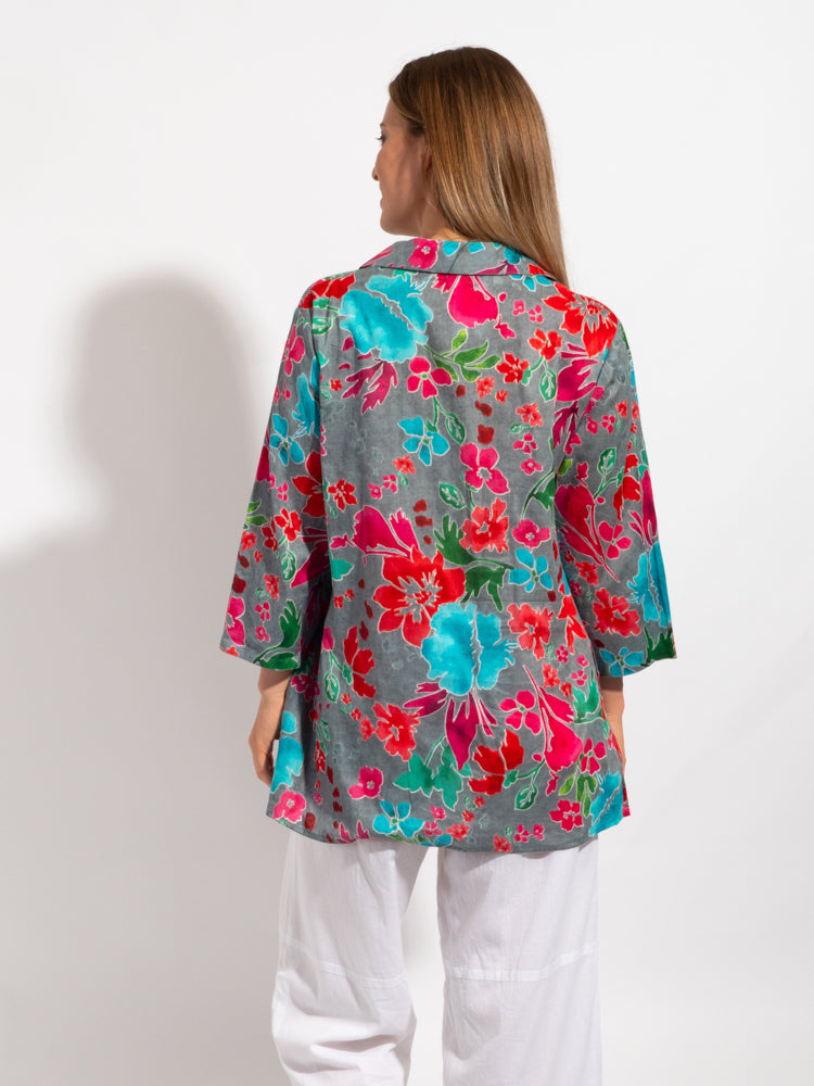 Maroochy Collared Shirt in Grey Red Floral