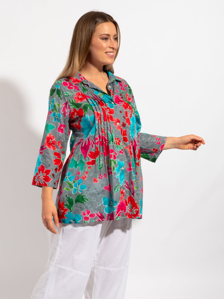 Maroochy Collared Shirt in Grey Red Floral