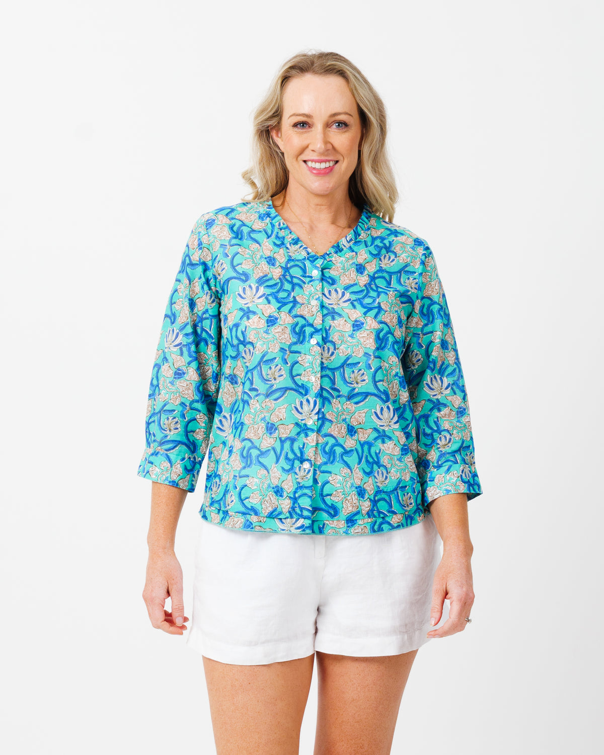 Capricorn Cotton Shirt in Blue Turquoise Floral