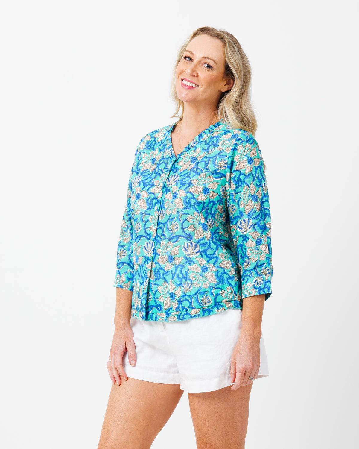 Capricorn Cotton Shirt in Blue Turquoise Floral