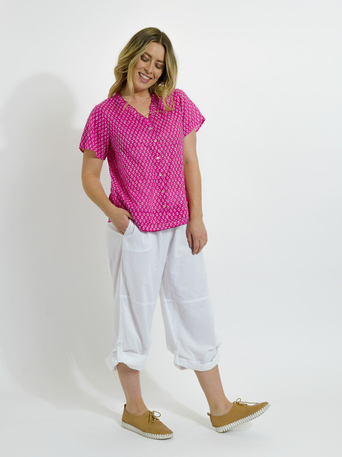 Capricorn Cotton Shirt in Pink and White Eyes