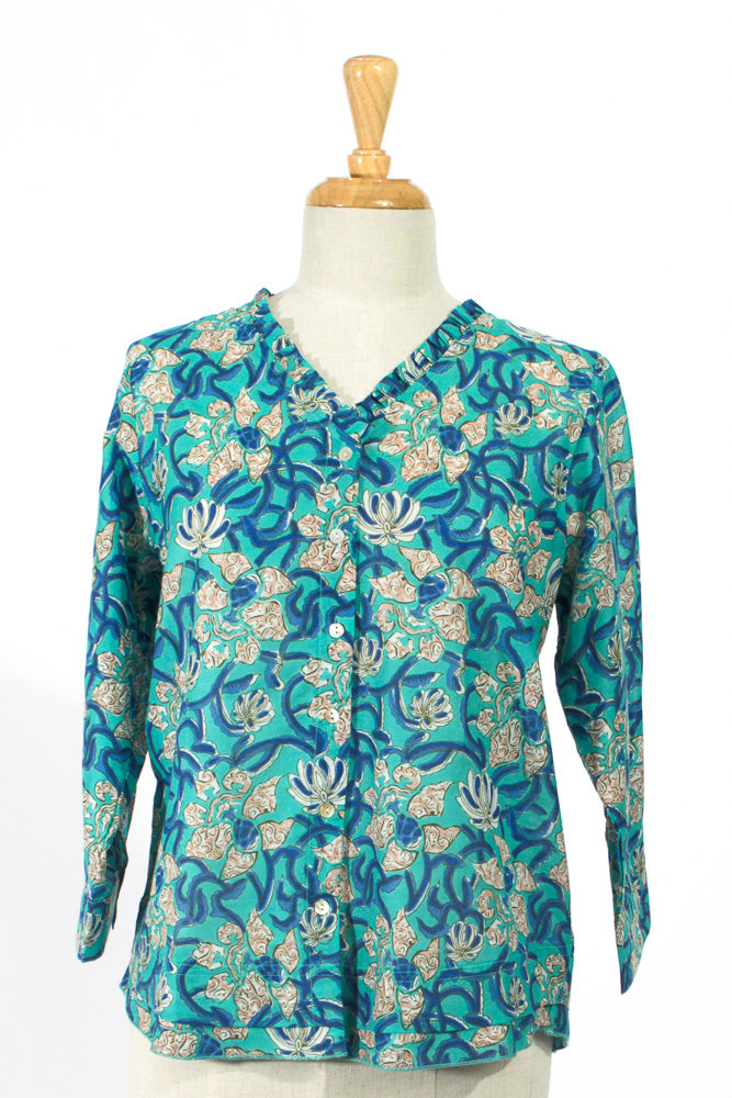 Capricorn Cotton Shirt in Blue Turquoise Floral