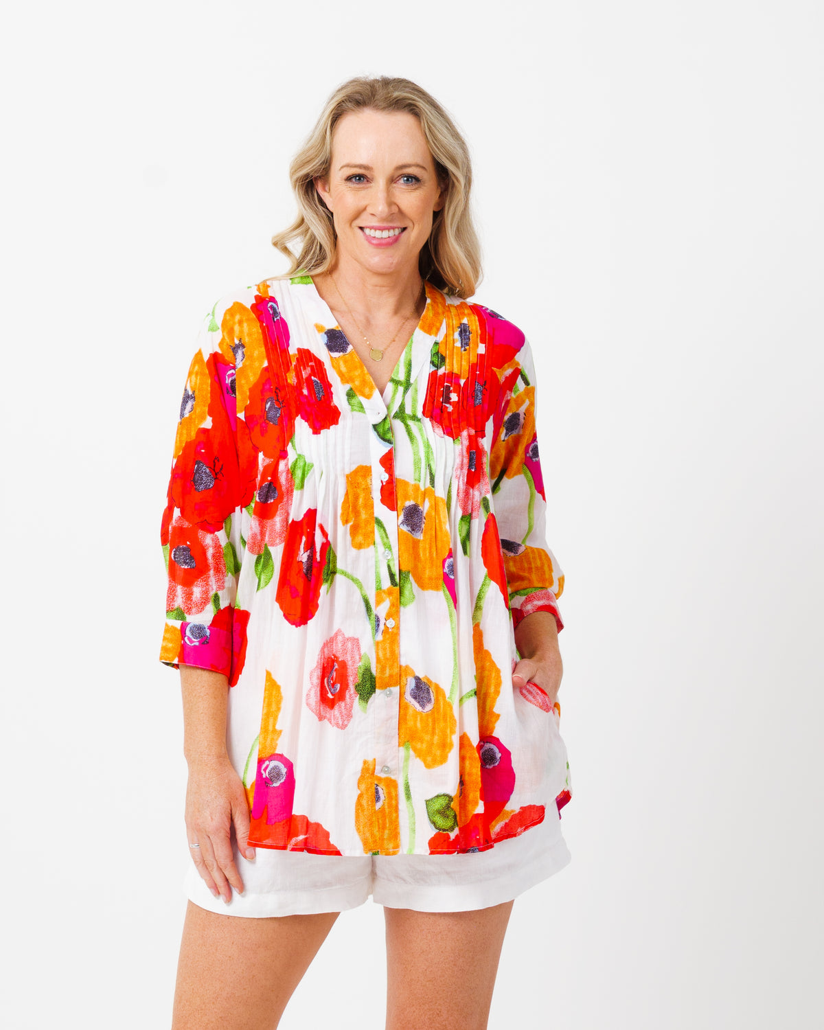 Palm Cove Top in Orange and Red Poppies