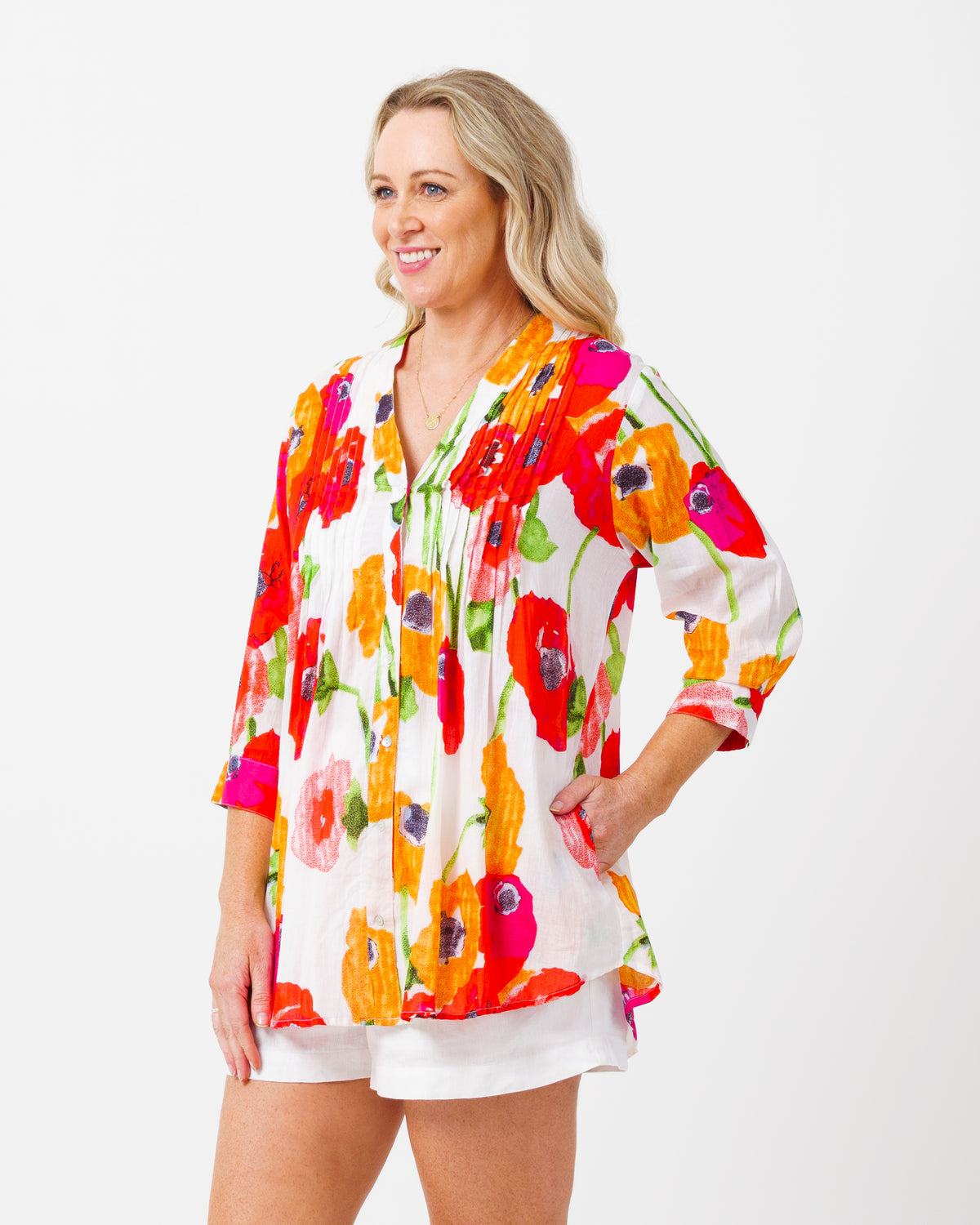 Palm Cove Top in Orange and Red Poppies