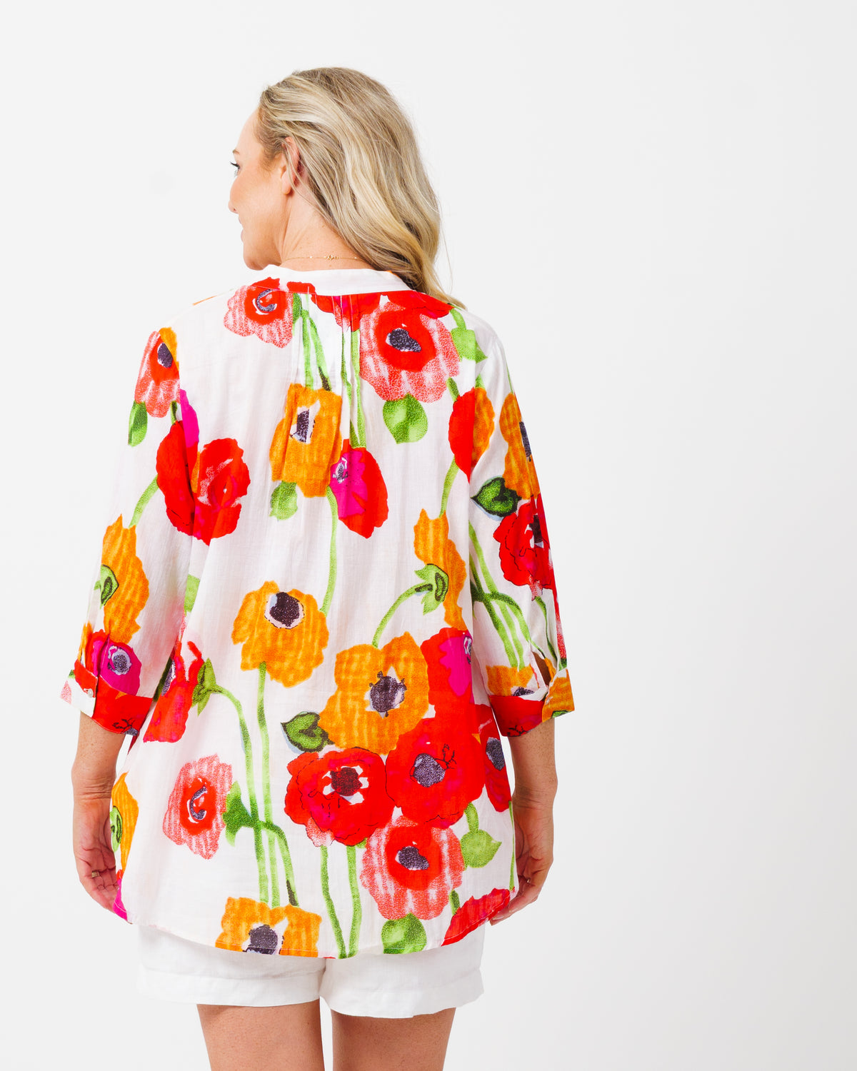 Palm Cove Top in Orange and Red Poppies