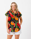 Magnetic Cap Sleeve Shirt in Black Poppies