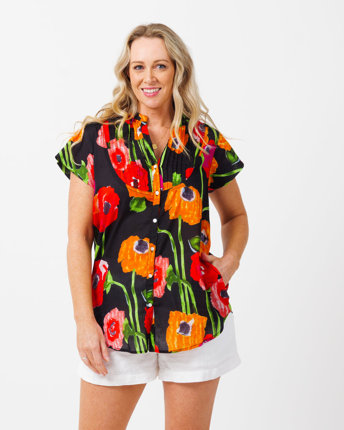 Magnetic Cap Sleeve Shirt in Black Poppies