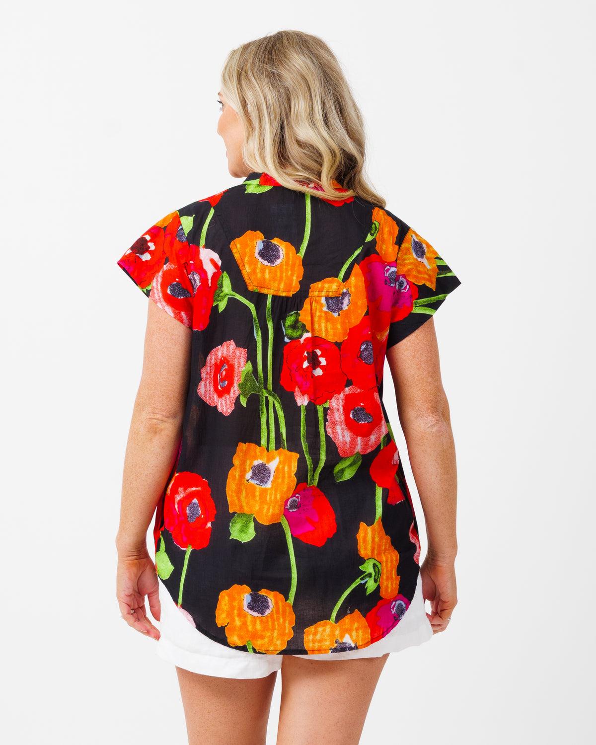 Magnetic Cap Sleeve Shirt in Black Poppies