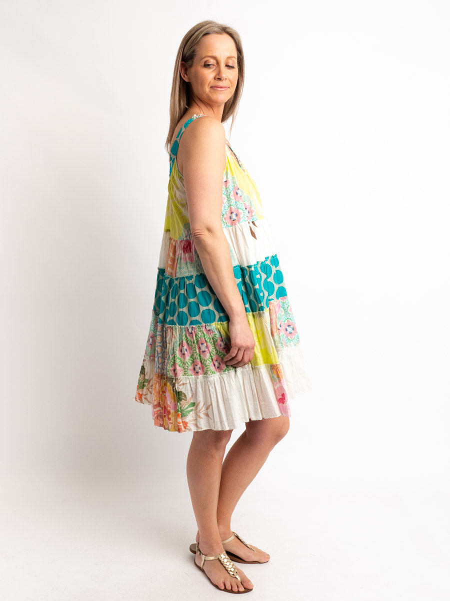 Gypsy Style Above the Knee Dress in Pink and Lime Patchwork