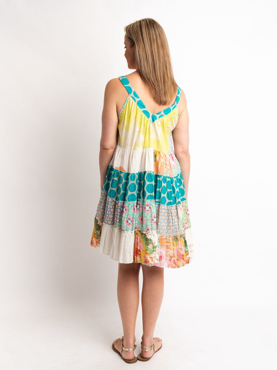 Gypsy Style Above the Knee Dress in Pink and Lime Patchwork