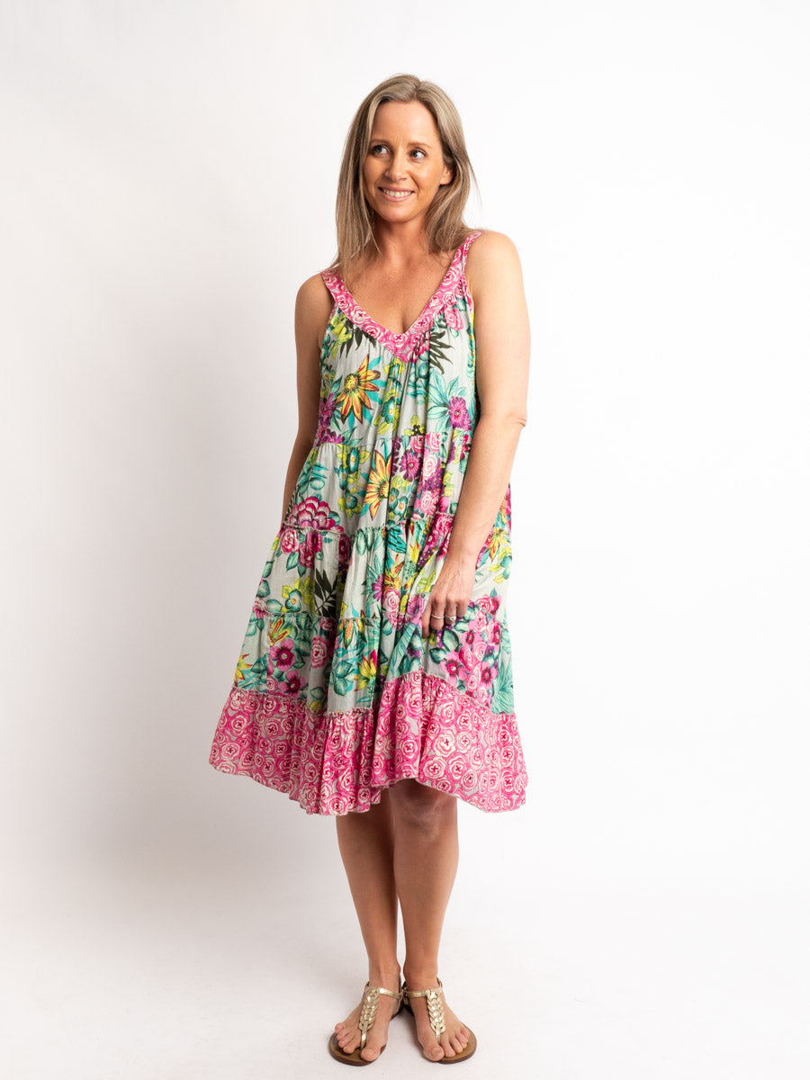 V-neck Sleeveless Dress in Pink and Pale Green Floral