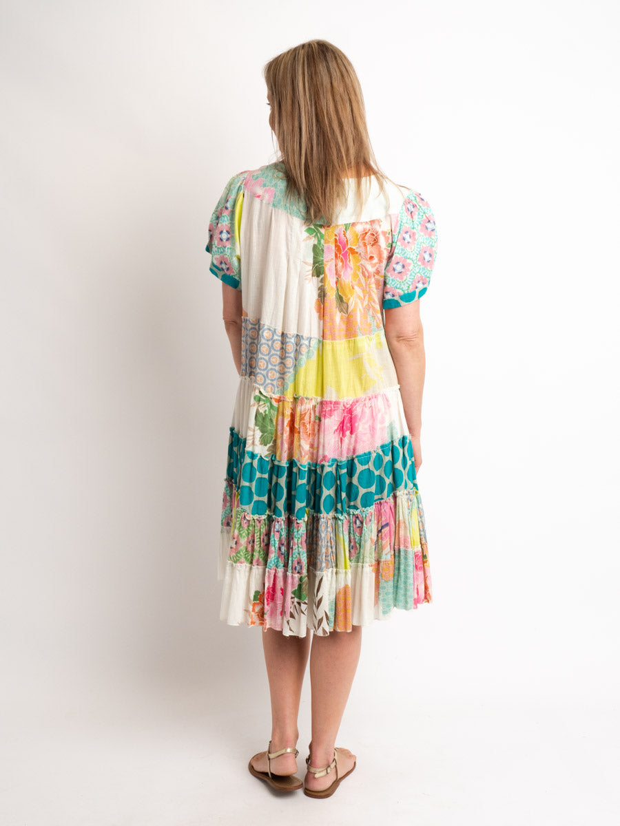Cap sleeve knee length dress in mixed lime and pink prints