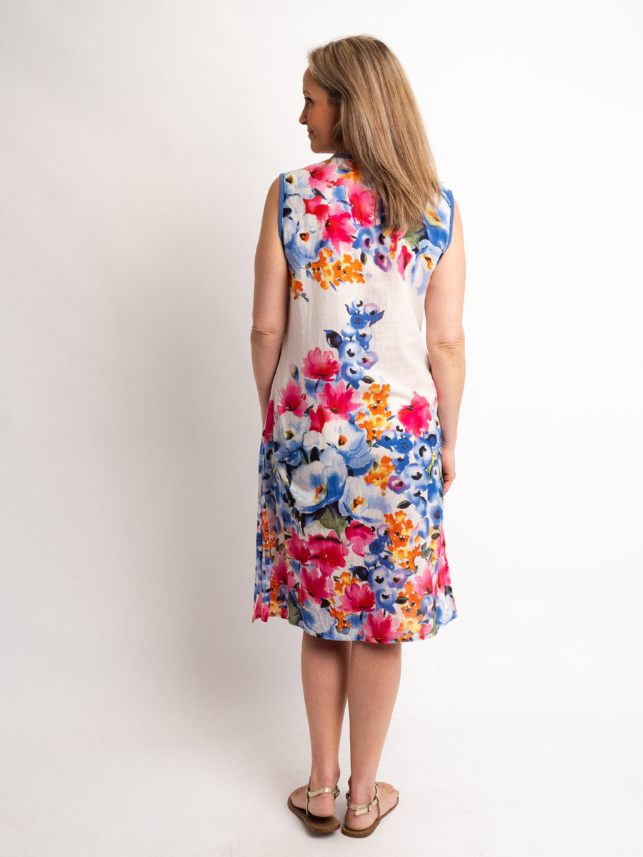Sleeveless Shift Dress With Embellished V-neck in Blue and Pink on White Floral