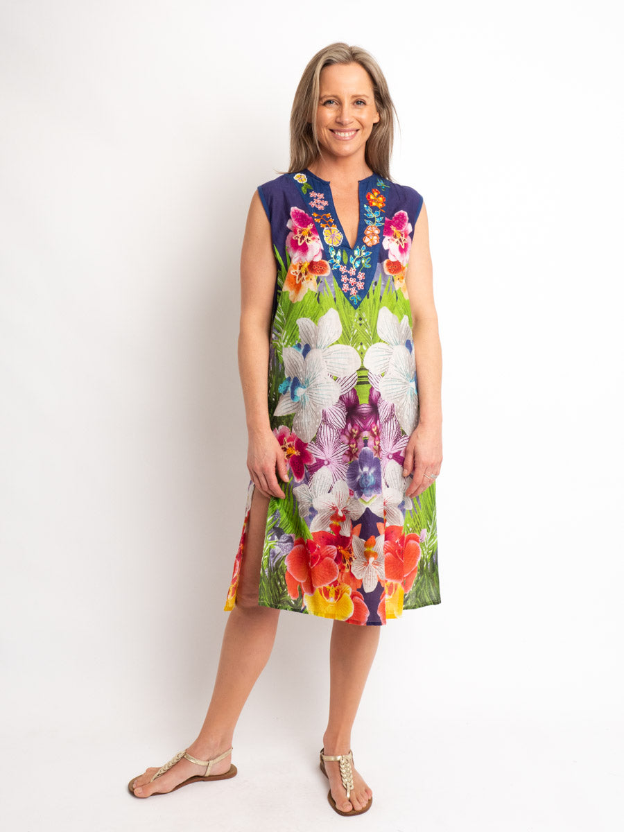 Sleeveless Shift Dress With Embellished V-neck in Multi-colour