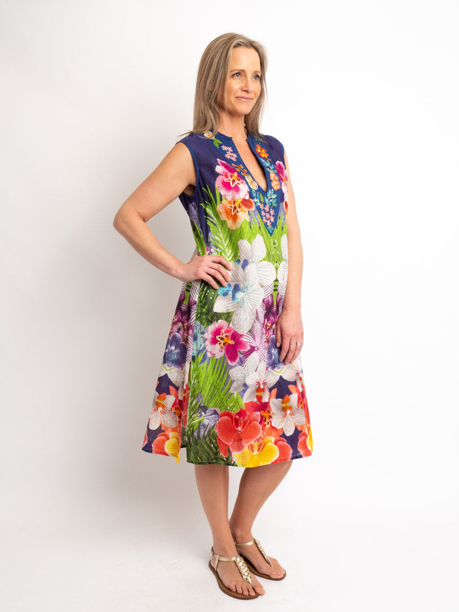 Sleeveless Shift Dress With Embellished V-neck in Multi-colour Floral on Blue