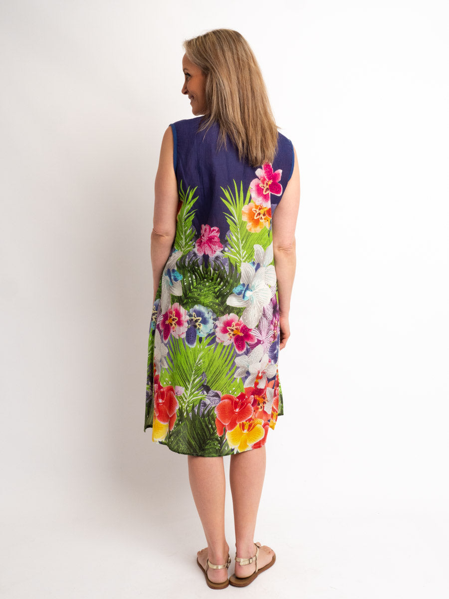Sleeveless Shift Dress With Embellished V-neck in Multi-colour Floral on Blue