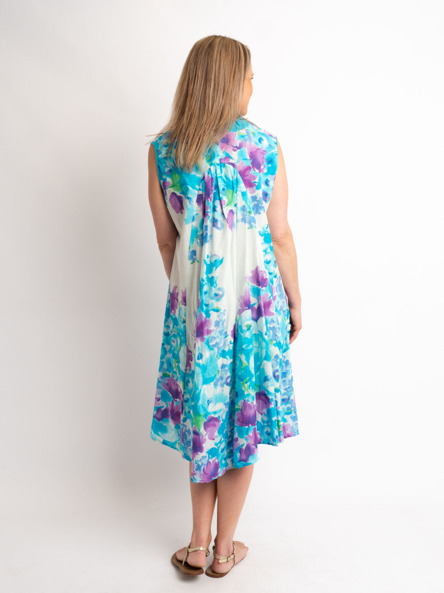 A-line Seeveless Dress in Lilac/Blue on White
