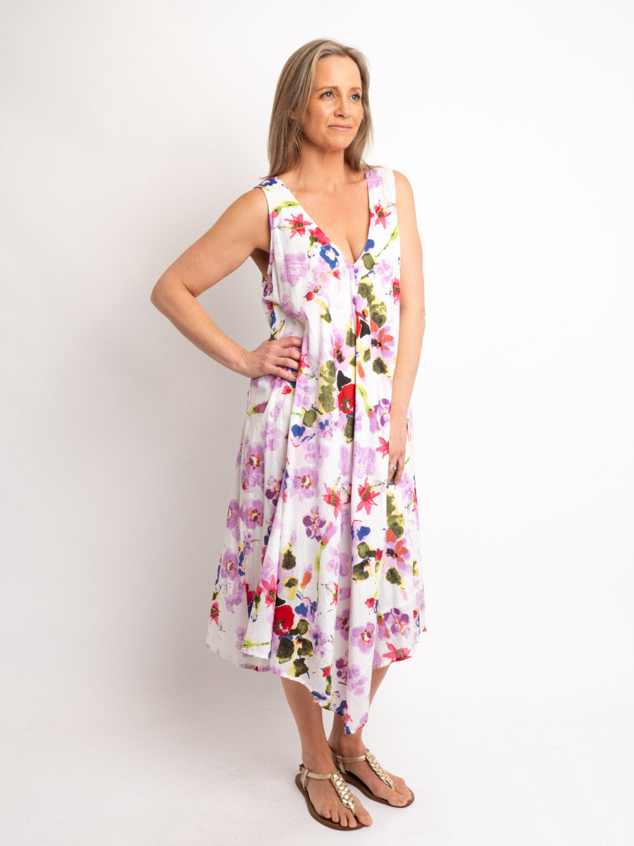 Sleeveless Lined V-neck A-line Dress in Lilac Floral