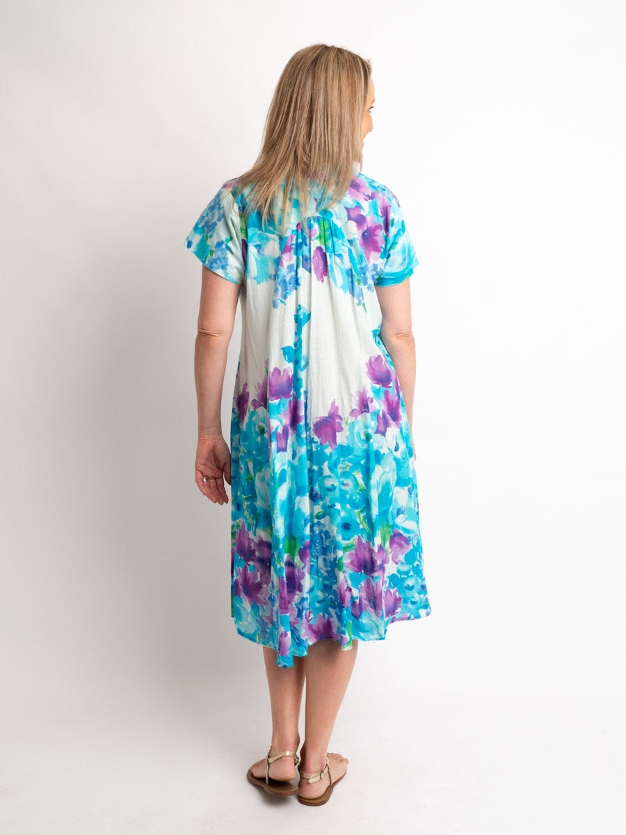 A-line Cap Sleeve Dress in Lilac/Blue on White