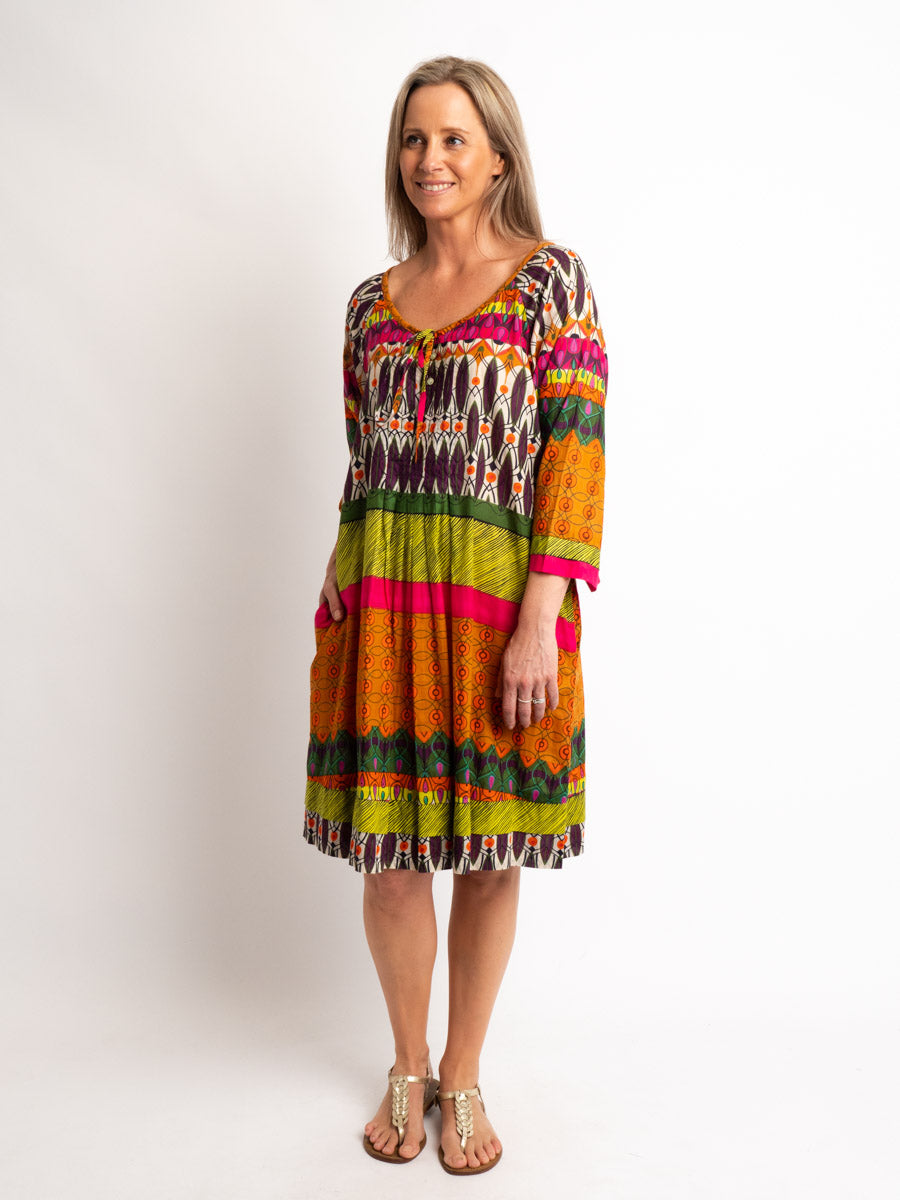 Round Neck Knee-length Dress with  3/4 Raglan Sleeve in Fiesta Print