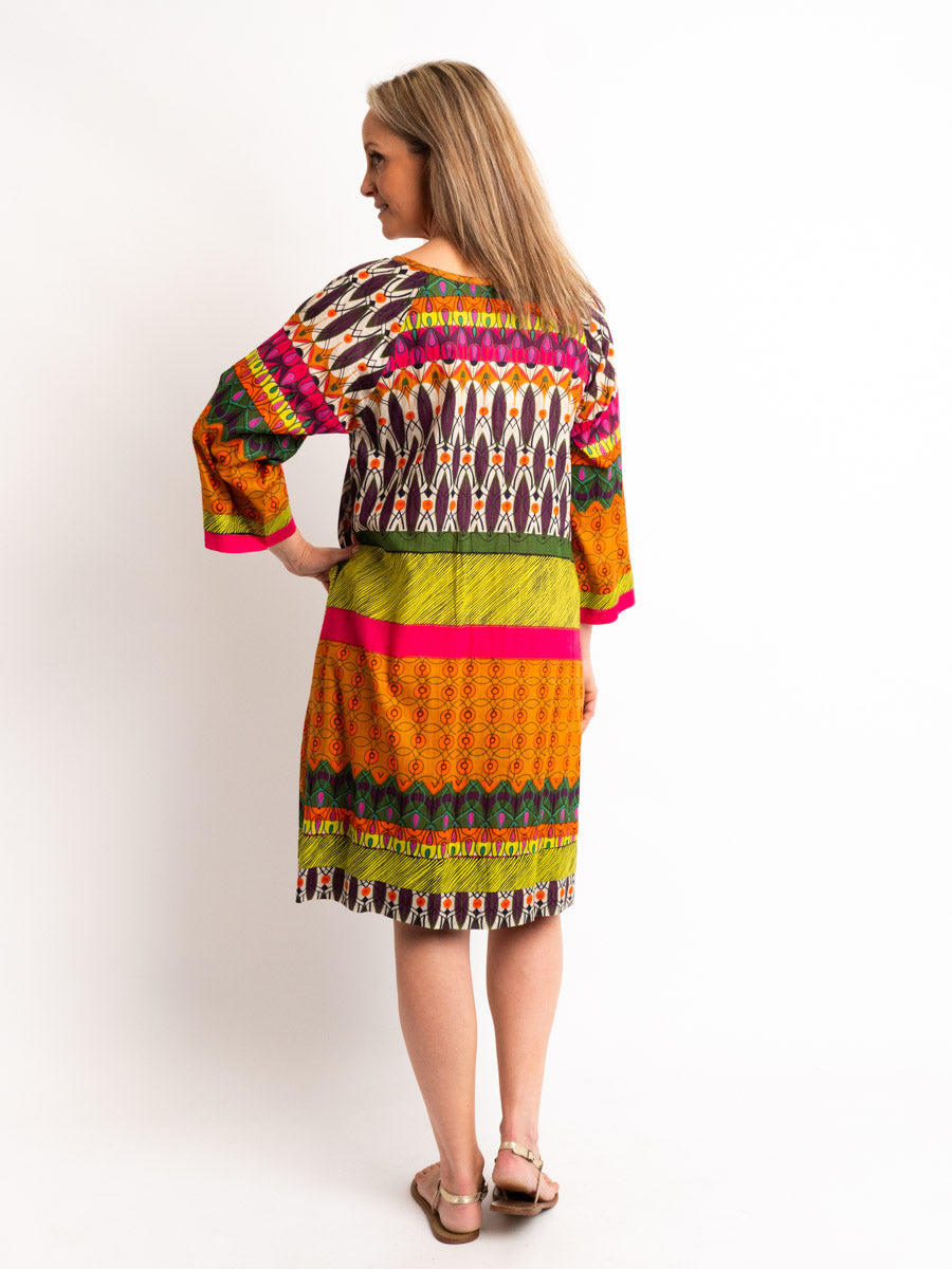 Round Neck Knee-length Dress with  3/4 Raglan Sleeve in Fiesta Print