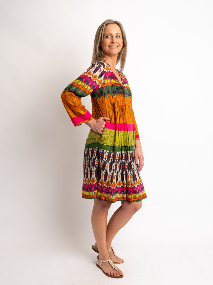 V-neck Dress with 3/4 sleeve in Fiesta Print