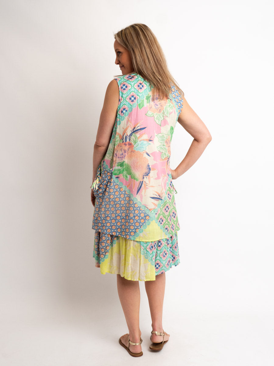 Lined Sleeveless Orpheus Dress in Pink/lime Print