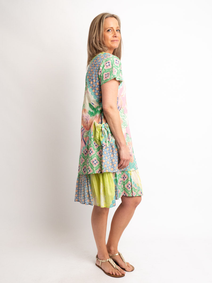 Orpheus Lined Cap Sleeve Dress in Pink/lime Print
