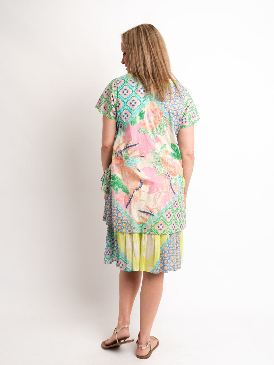 Orpheus Lined Cap Sleeve Dress in Pink/lime Print